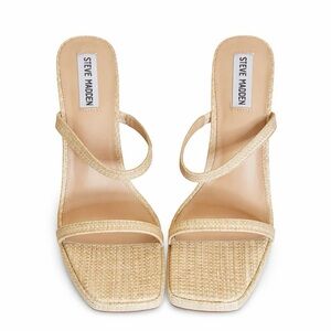 STEVE MADDEN Beige Strappy Heels|Natural‎ Raffia Block Heels 4”